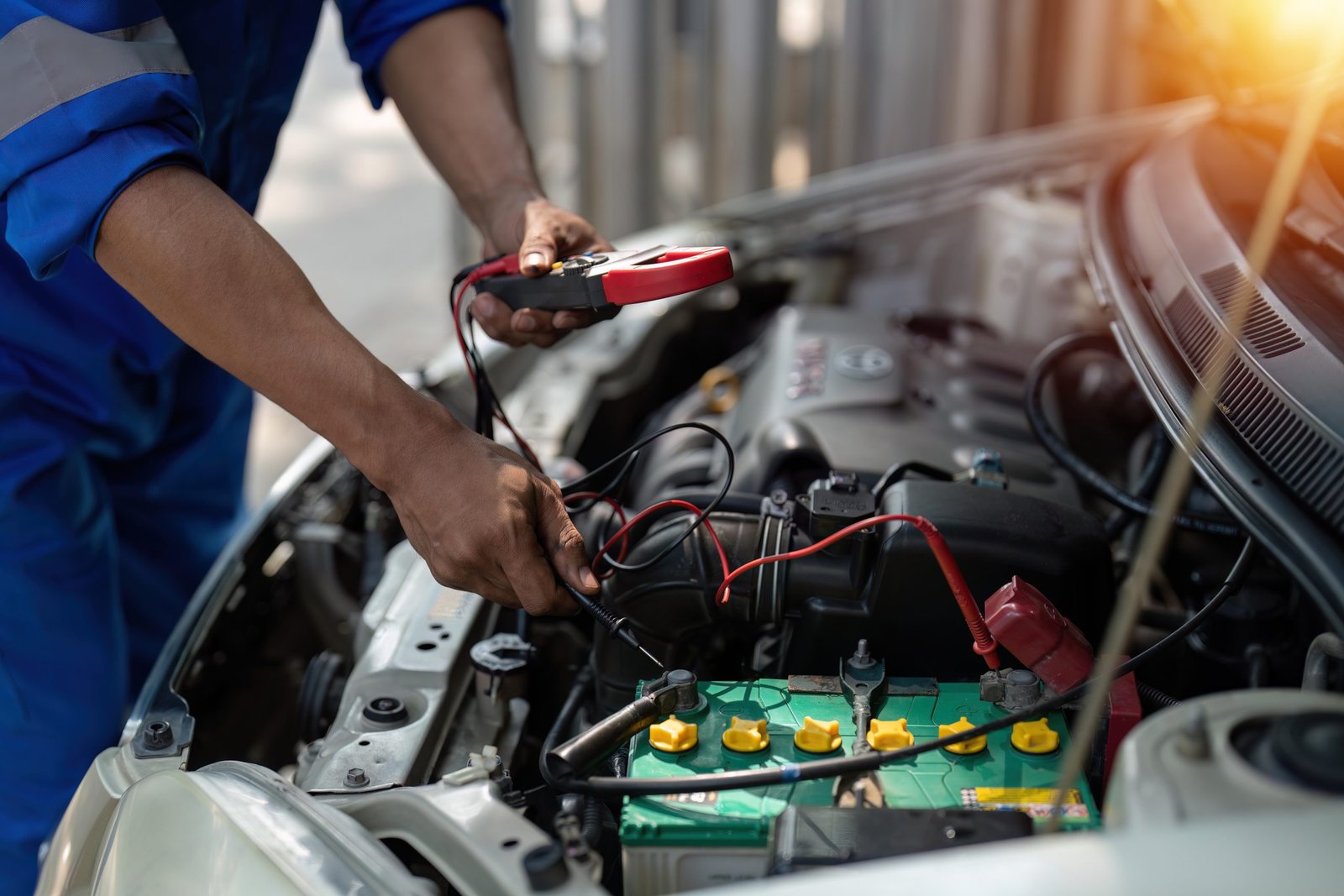 Close up technician uses multimeter voltmeter to check voltage level in car battery. Service and Maintenance car battery..